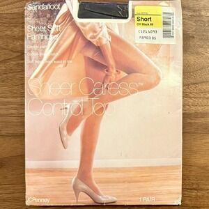 VTG JC Penney Sheer Caress Control Top Pantyhose Sz Short Sandalfoot Off Black